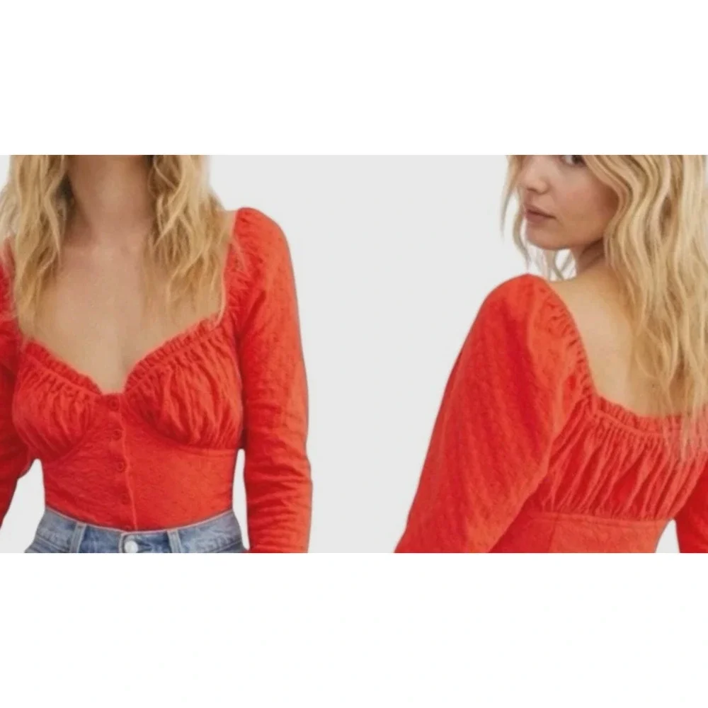 Free People Ladybug Long Sleeve Boho Top S Flambe‎ Red Cropped Puff slv Milkmaid